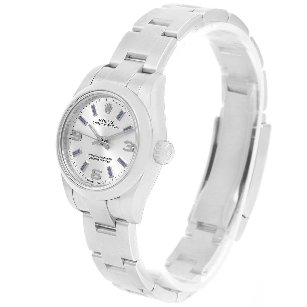 The image shows a Rolex Oyster Perpetual 176200 Women
s Stainless Steel Silver Dial 176200 Women
s Stainless Steel Silver Dial watch at a three-quarter angle, highlighting its face, crown, and bracelet.