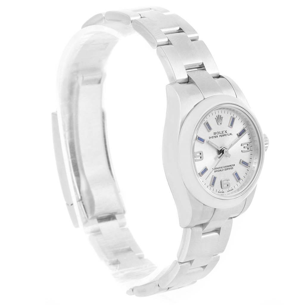 The image shows a side view of the Rolex Oyster Perpetual 176200 Women
s Stainless Steel Silver Dial 176200 Women
s Stainless Steel Silver Dial watch, displaying the bracelet, case, and dial.