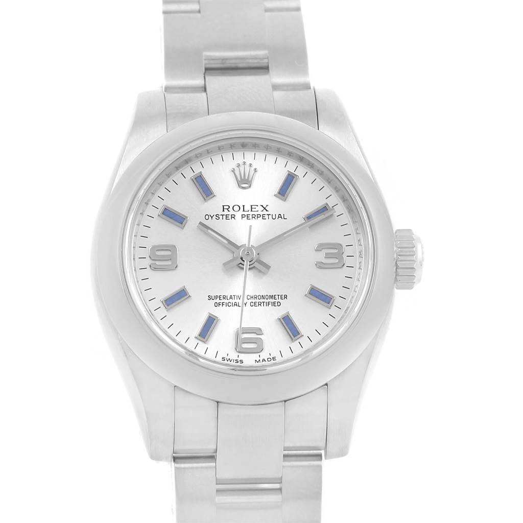The image shows a front view of a Rolex Oyster Perpetual 176200 Women
s Stainless Steel Silver Dial 176200 Women
s Stainless Steel Silver Dial watch displaying its dial, case, and part of the bracelet.