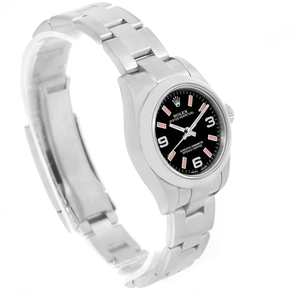 The image shows a side-angle view of a Rolex Oyster Perpetual 176200 Women's Stainless Steel Black Dial 176200 Women's Stainless Steel Black Dial watch, highlighting the watch face and bracelet.