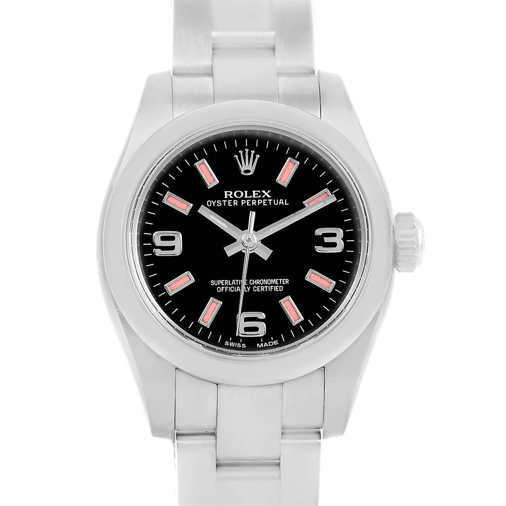 The image shows a front view of a Rolex Oyster Perpetual 176200 Women's Stainless Steel Black Dial 176200 Women's Stainless Steel Black Dial watch, displaying the dial, bezel, and upper part of the bracelet.