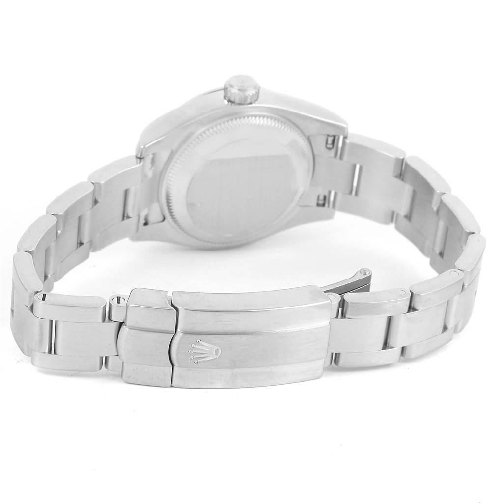 This image displays the back case and metal bracelet clasp of a Rolex Oyster Perpetual 176200 Women's Stainless Steel Black Dial 176200 Women's Stainless Steel Black Dial watch from a slightly angled rear view.