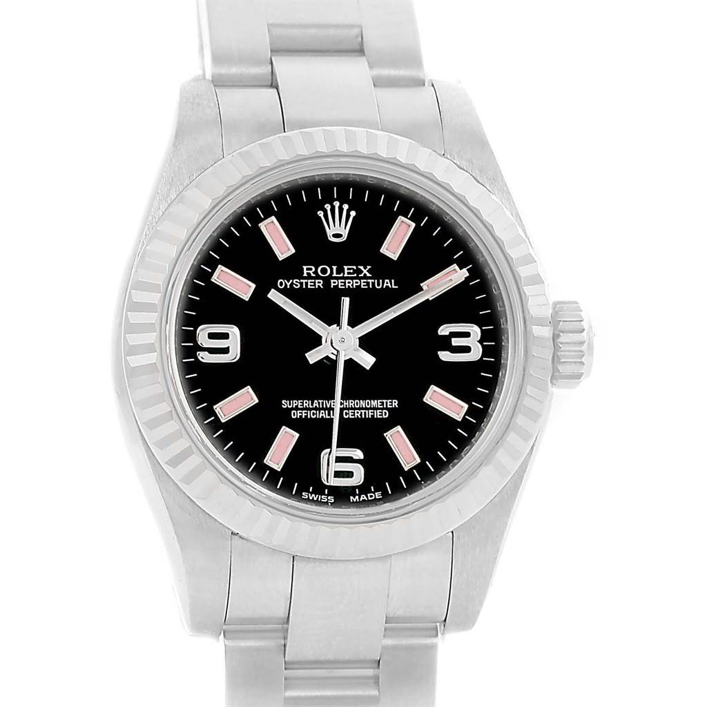 The image shows a frontal view of the Rolex Oyster Perpetual 176234 Women
s Stainless Steel Black Dial 176234 Women
s Stainless Steel Black Dial watch, displaying its black dial, bezel, and part of the metal bracelet.