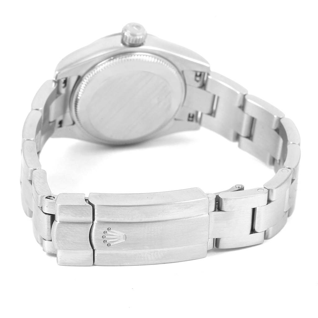 This image shows the back and clasp of a Rolex Oyster Perpetual 176234 Women
s Stainless Steel Black Dial 176234 Women
s Stainless Steel Black Dial watch, viewed from an angled rear perspective.