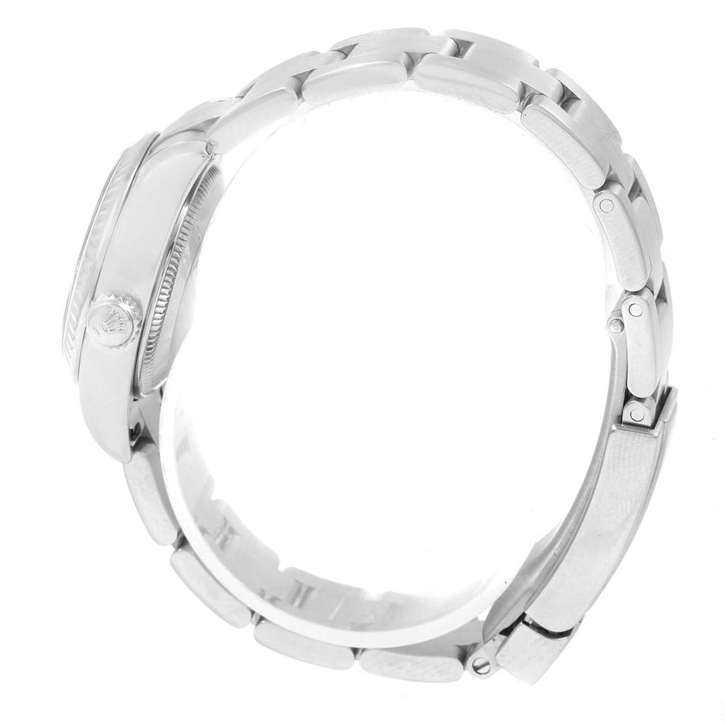 The image shows a Rolex Oyster Perpetual 176234 Women
s Stainless Steel Black Dial 176234 Women
s Stainless Steel Black Dial watch from a side angle, highlighting the crown and part of the bracelet.