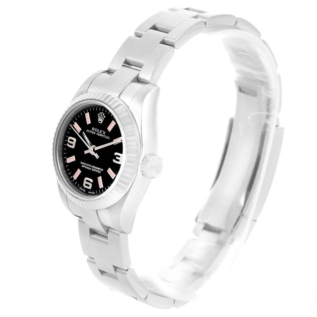 The image shows a Rolex Oyster Perpetual 176234 Women
s Stainless Steel Black Dial 176234 Women
s Stainless Steel Black Dial model from a side angle highlighting the watch face, bezel, crown, and bracelet.