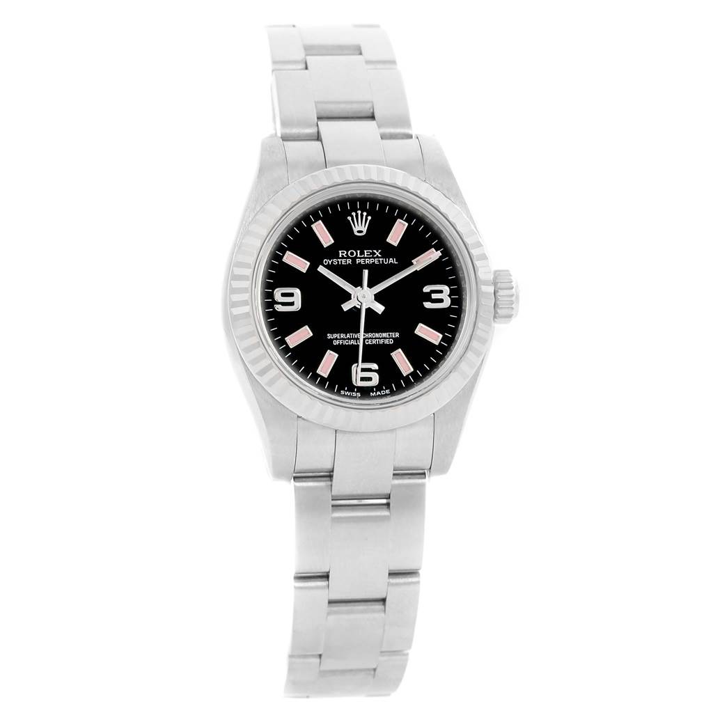 The image displays a front view of the Rolex Oyster Perpetual 176234 Women
s Stainless Steel Black Dial 176234 Women
s Stainless Steel Black Dial watch, showing the dial, bezel, crown, and bracelet.