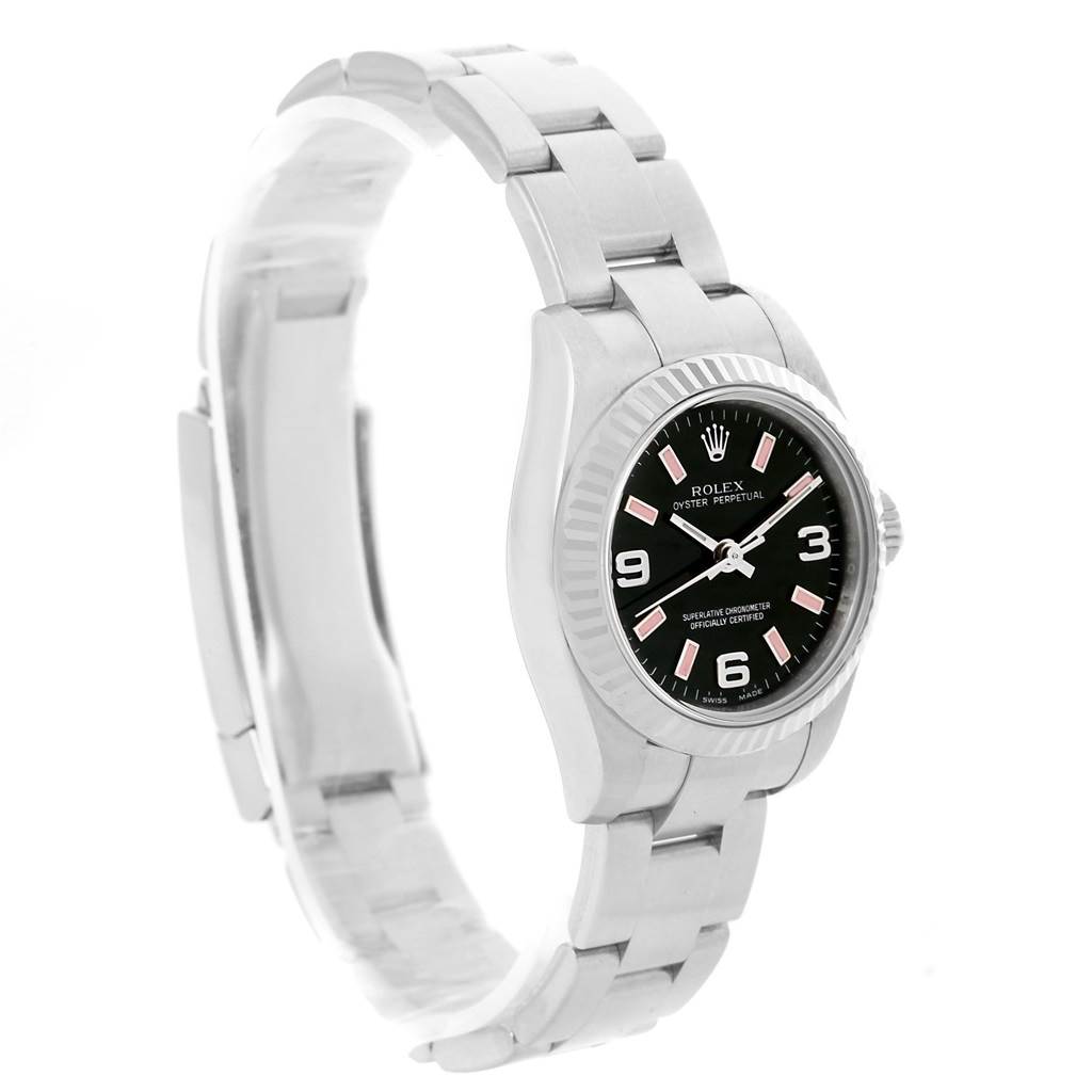 The image shows a side angle view of a Rolex Oyster Perpetual 176234 Women
s Stainless Steel Black Dial 176234 Women
s Stainless Steel Black Dial watch, focusing on the face and bracelet.