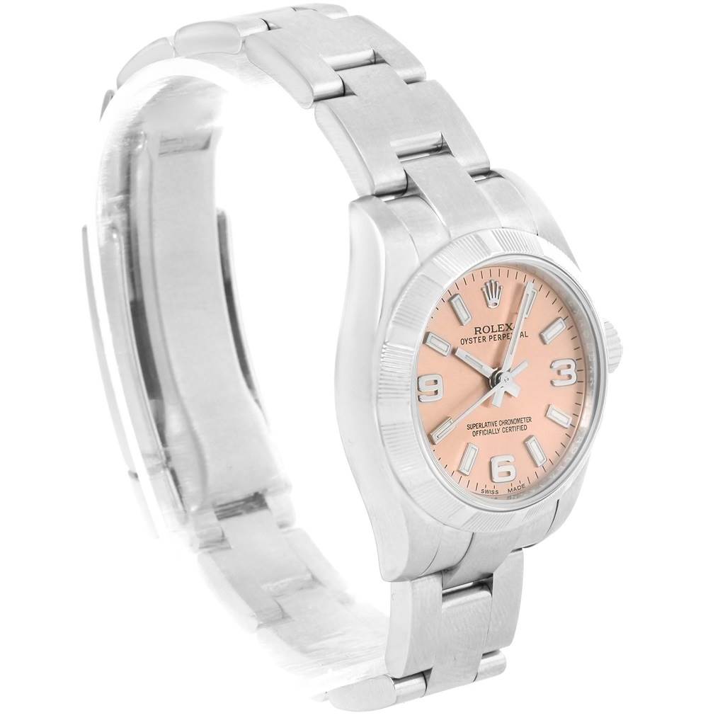 The image shows a side angle view of a Rolex Oyster Perpetual 176210 Women's Stainless Steel Pink Dial 176210 Women's Stainless Steel Pink Dial watch with a metal bracelet and a pink dial.