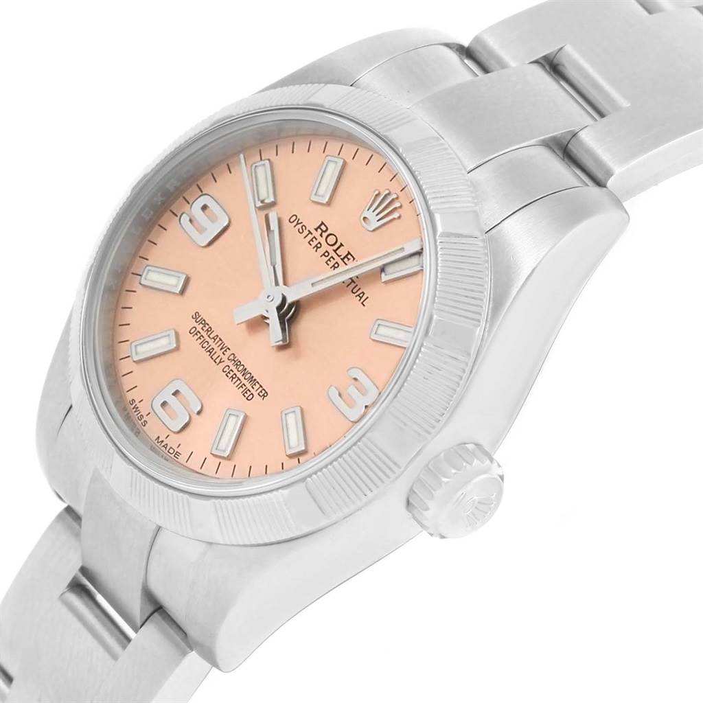 The Rolex Oyster Perpetual 176210 Women's Stainless Steel Pink Dial 176210 Women's Stainless Steel Pink Dial watch is shown at an angle highlighting the dial, bezel, case, and part of the bracelet.