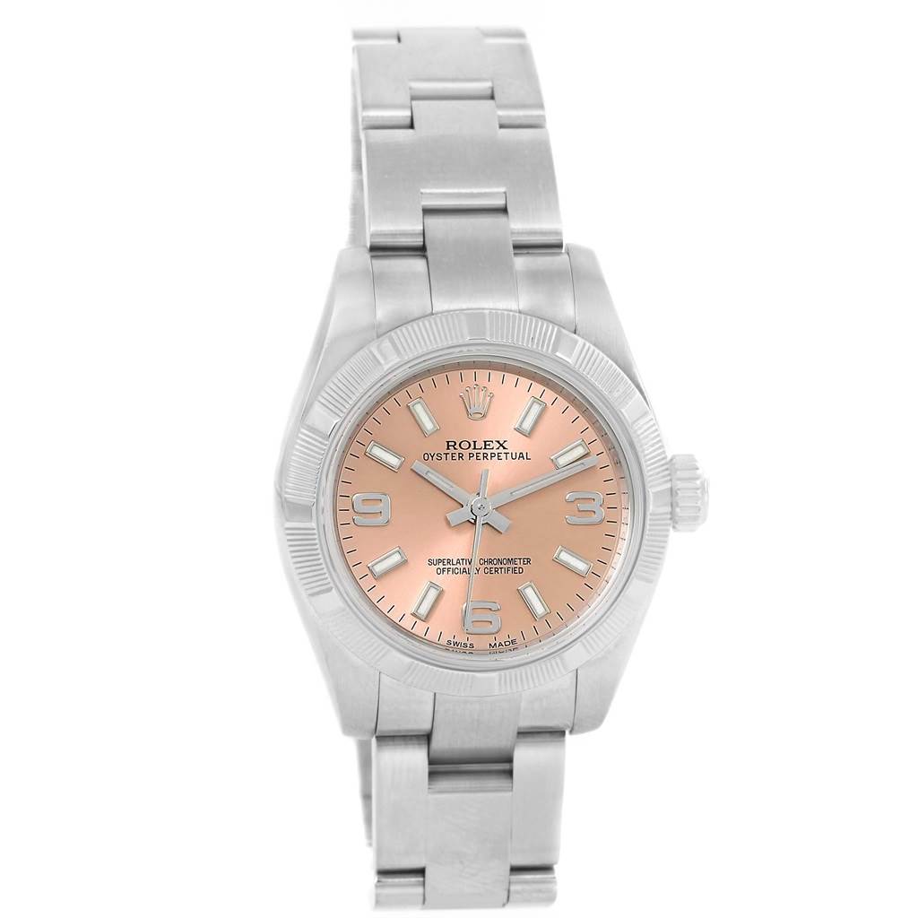 This image shows the front view of a Rolex Oyster Perpetual 176210 Women's Stainless Steel Pink Dial 176210 Women's Stainless Steel Pink Dial watch, displaying its bracelet, dial, hands, and crown.
