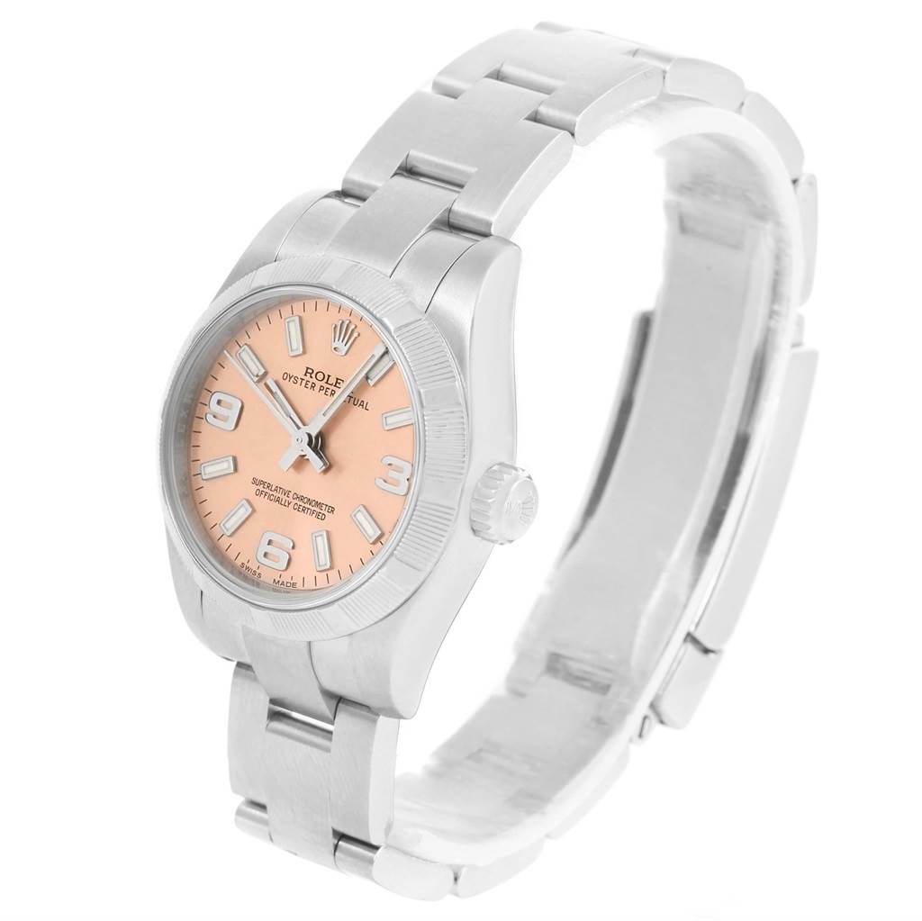 This Rolex Oyster Perpetual 176210 Women's Stainless Steel Pink Dial 176210 Women's Stainless Steel Pink Dial watch is shown at a three-quarter angle, highlighting the face, bezel, and bracelet links.
