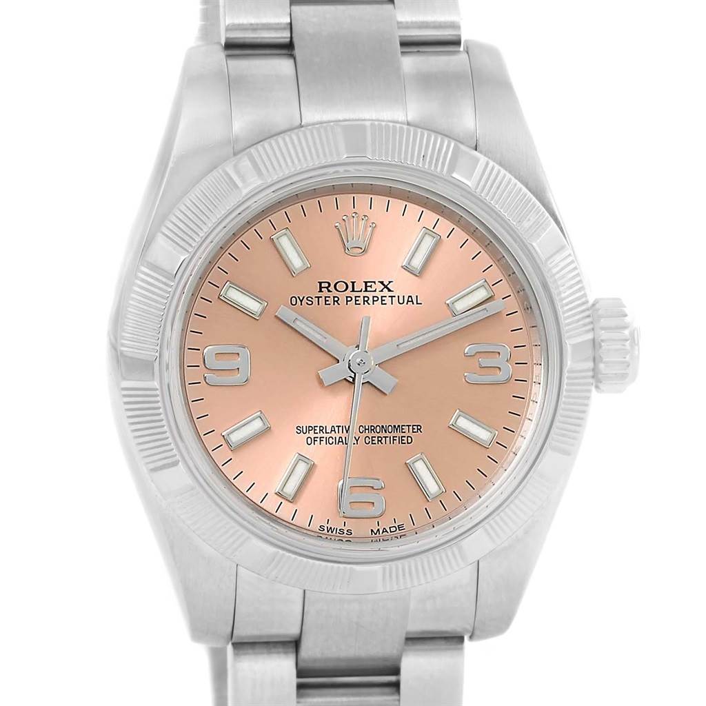 This image shows a close-up of the dial and bracelet of a Rolex Oyster Perpetual 176210 Women's Stainless Steel Pink Dial 176210 Women's Stainless Steel Pink Dial watch with a pink face.
