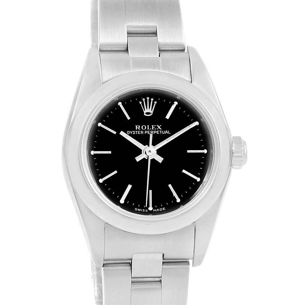 The image shows a Rolex Oyster Perpetual 76080 Women's Stainless Steel Black Dial 76080 Women's Stainless Steel Black Dial watch from a front angle, displaying the watch face, bezel, crown, and part of the bracelet.