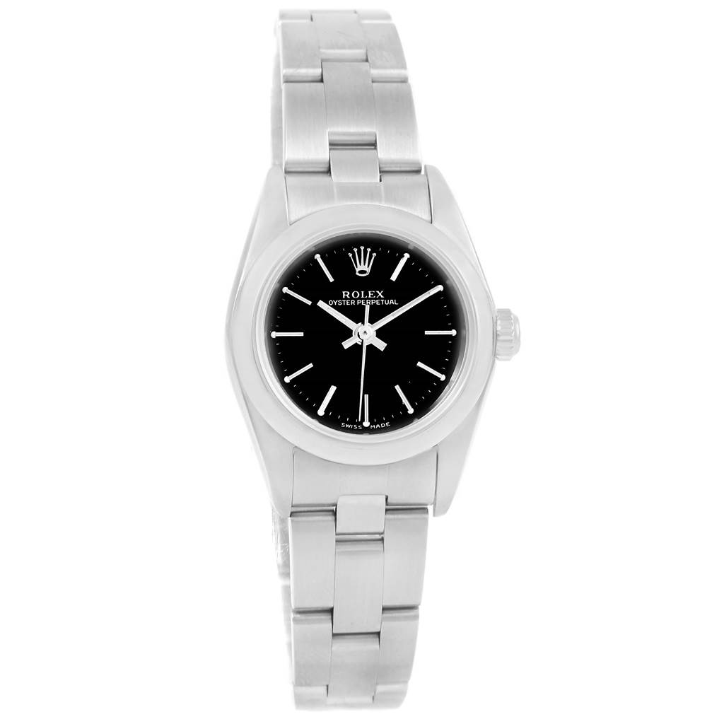 This image shows a front view of a Rolex Oyster Perpetual 76080 Women's Stainless Steel Black Dial 76080 Women's Stainless Steel Black Dial watch, including the dial and bracelet.