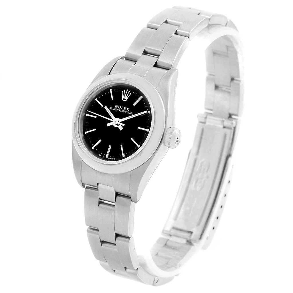 This image shows a side view of a Rolex Oyster Perpetual 76080 Women's Stainless Steel Black Dial 76080 Women's Stainless Steel Black Dial watch, highlighting the face, bezel, crown, and bracelet.