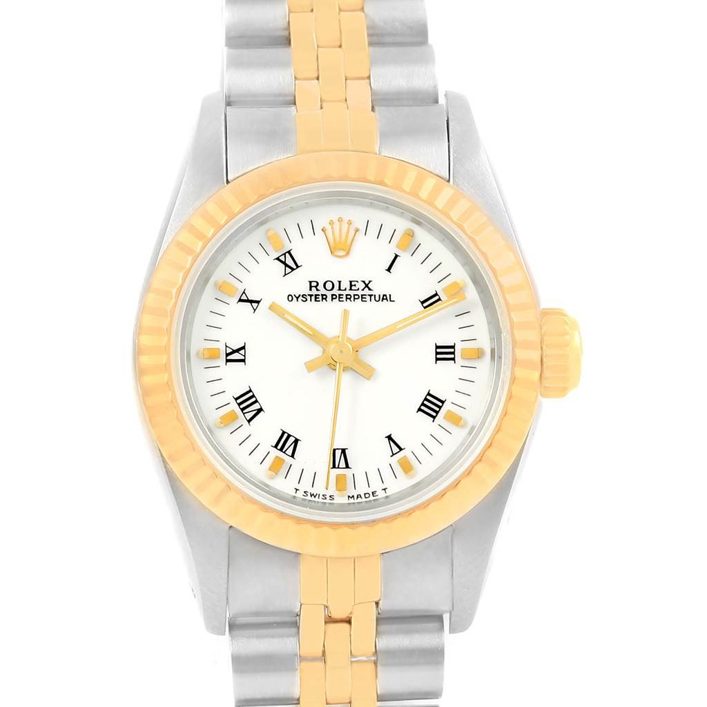 This image shows a front view of a Rolex Oyster Perpetual 67193 Women's Steel and Gold (two tone) White Dial 67193 Women's Steel and Gold (two tone) White Dial watch, highlighting its dial, bezel, and bracelet.