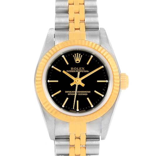 Photo of Rolex NonDate Ladies Steel 18K Yellow Gold Black Dial Watch 76193