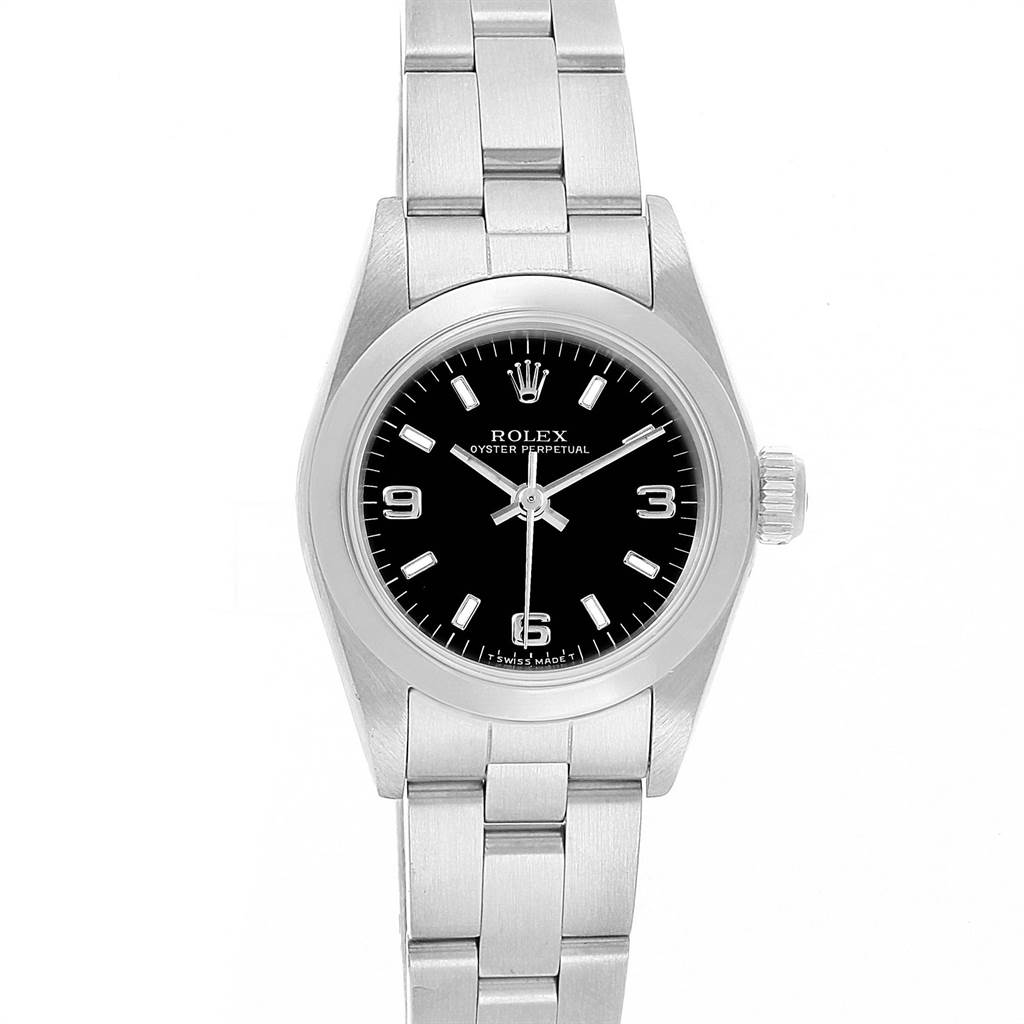The Rolex Oyster Perpetual 67180 Women's Stainless Steel Black Dial 67180 Women's Stainless Steel Black Dial watch is shown from a top-down angle, displaying its face, bezel, and bracelet.