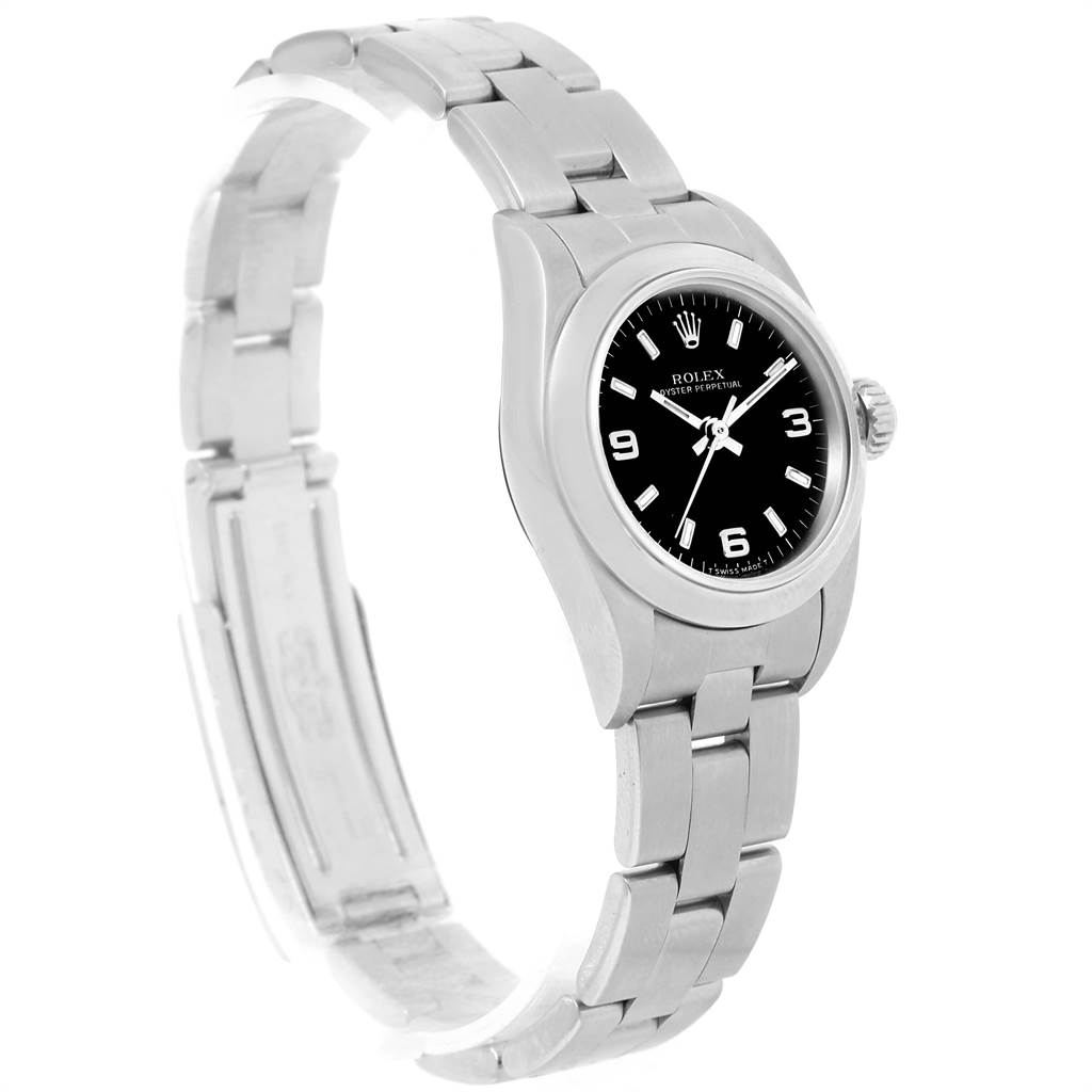 The image shows a side view of a Rolex Oyster Perpetual 67180 Women's Stainless Steel Black Dial 67180 Women's Stainless Steel Black Dial watch displaying its black dial, stainless steel case, and bracelet.
