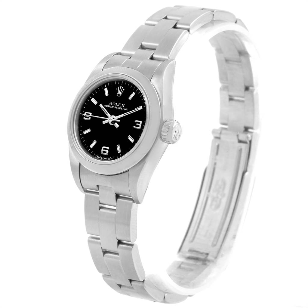The image shows a side angle of a Rolex Oyster Perpetual 67180 Women's Stainless Steel Black Dial 67180 Women's Stainless Steel Black Dial watch, highlighting the face, bezel, and bracelet.
