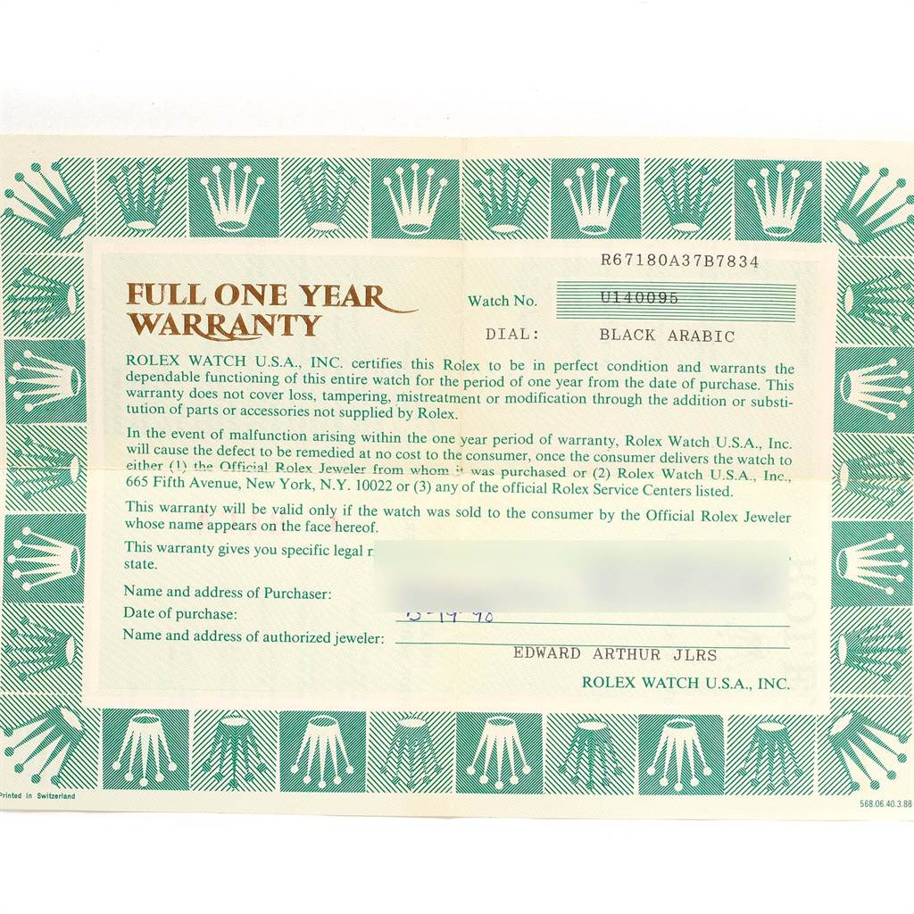 The image shows a warranty card for the Rolex Oyster Perpetual 67180 Women's Stainless Steel Black Dial 67180 Women's Stainless Steel Black Dial model, including the watch model number and dial description.