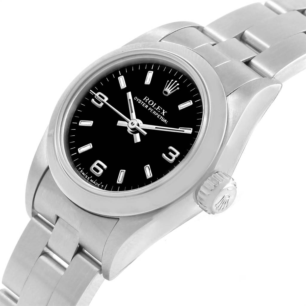 The image shows a Rolex Oyster Perpetual 67180 Women's Stainless Steel Black Dial 67180 Women's Stainless Steel Black Dial watch at an angled view, highlighting the face, bezel, crown, and part of the bracelet.
