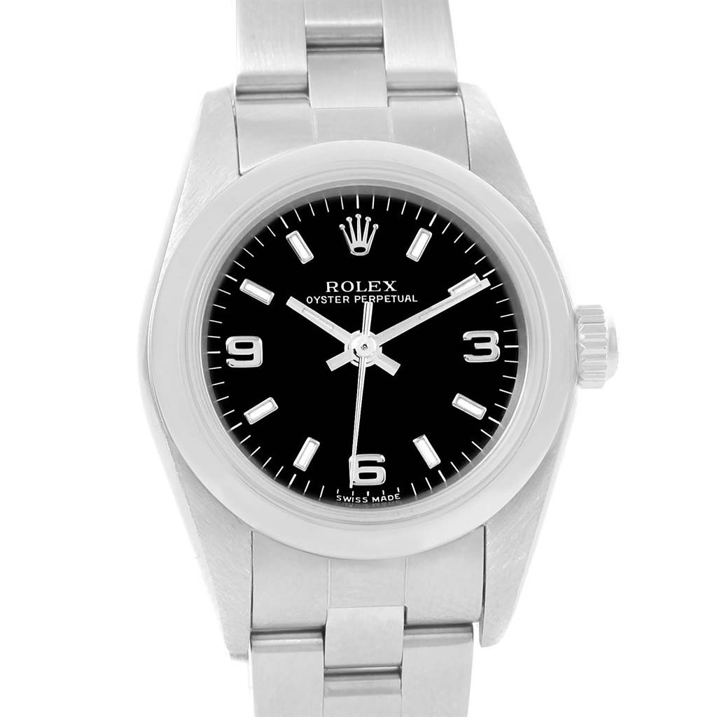This image shows a front view of a Rolex Oyster Perpetual 76080 Women
s Stainless Steel Black Dial 76080 Women
s Stainless Steel Black Dial watch, highlighting its dial, bezel, crown, and bracelet.
