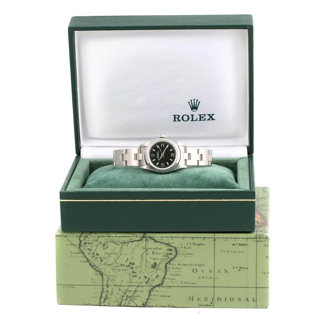 The image shows a Rolex Oyster Perpetual 76080 Women
s Stainless Steel Black Dial 76080 Women
s Stainless Steel Black Dial watch in its open box, displayed from a front angle.