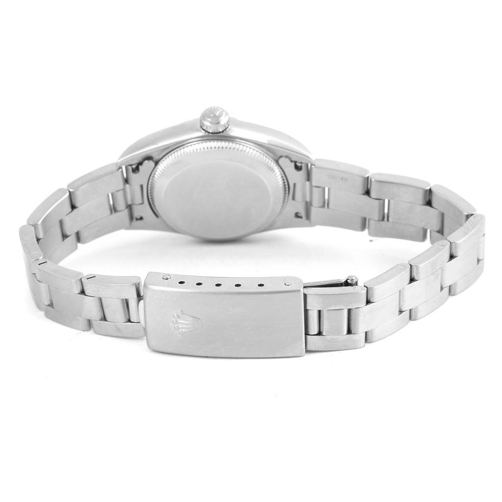 This image shows the back view of a Rolex Oyster Perpetual 76080 Women
s Stainless Steel Black Dial 76080 Women
s Stainless Steel Black Dial watch, highlighting the case back, bracelet, and clasp.