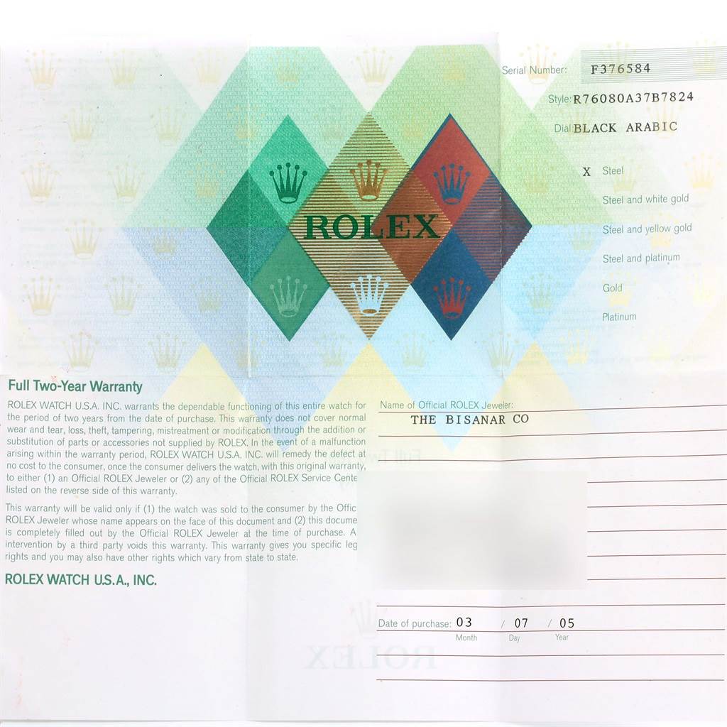 The image displays a warranty card for the Rolex Oyster Perpetual 76080 Women
s Stainless Steel Black Dial 76080 Women
s Stainless Steel Black Dial model, featuring details like serial number, style, and date of purchase.