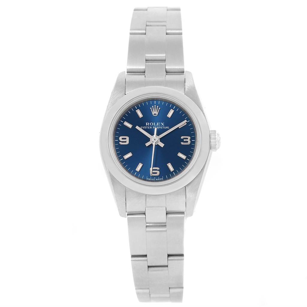 This image shows a front view of the Rolex Oyster Perpetual 76080 Women
s Stainless Steel Blue Dial 76080 Women
s Stainless Steel Blue Dial watch, displaying its blue dial and metal bracelet.