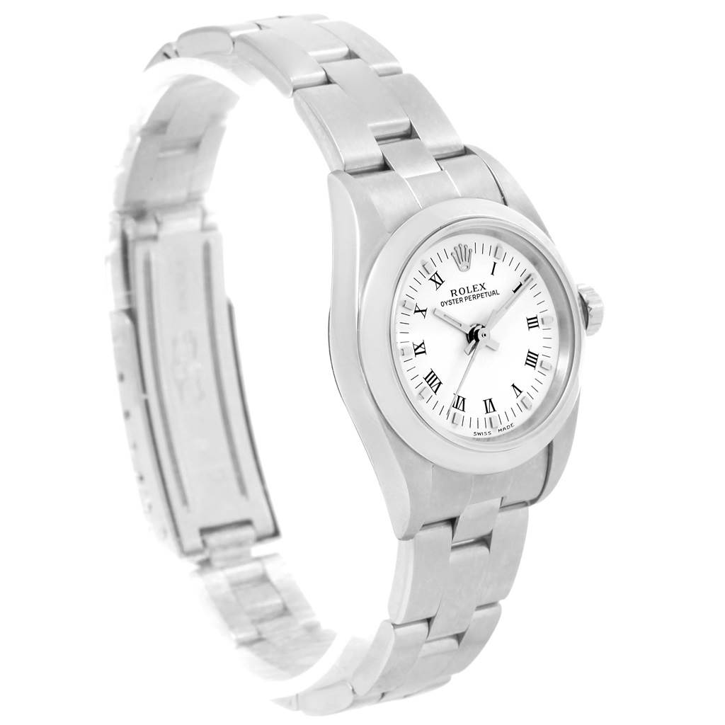The image shows a side-angle view of the Rolex Oyster Perpetual 76080 Women
s Stainless Steel White Dial 76080 Women
s Stainless Steel White Dial watch, including its face, case, and bracelet.