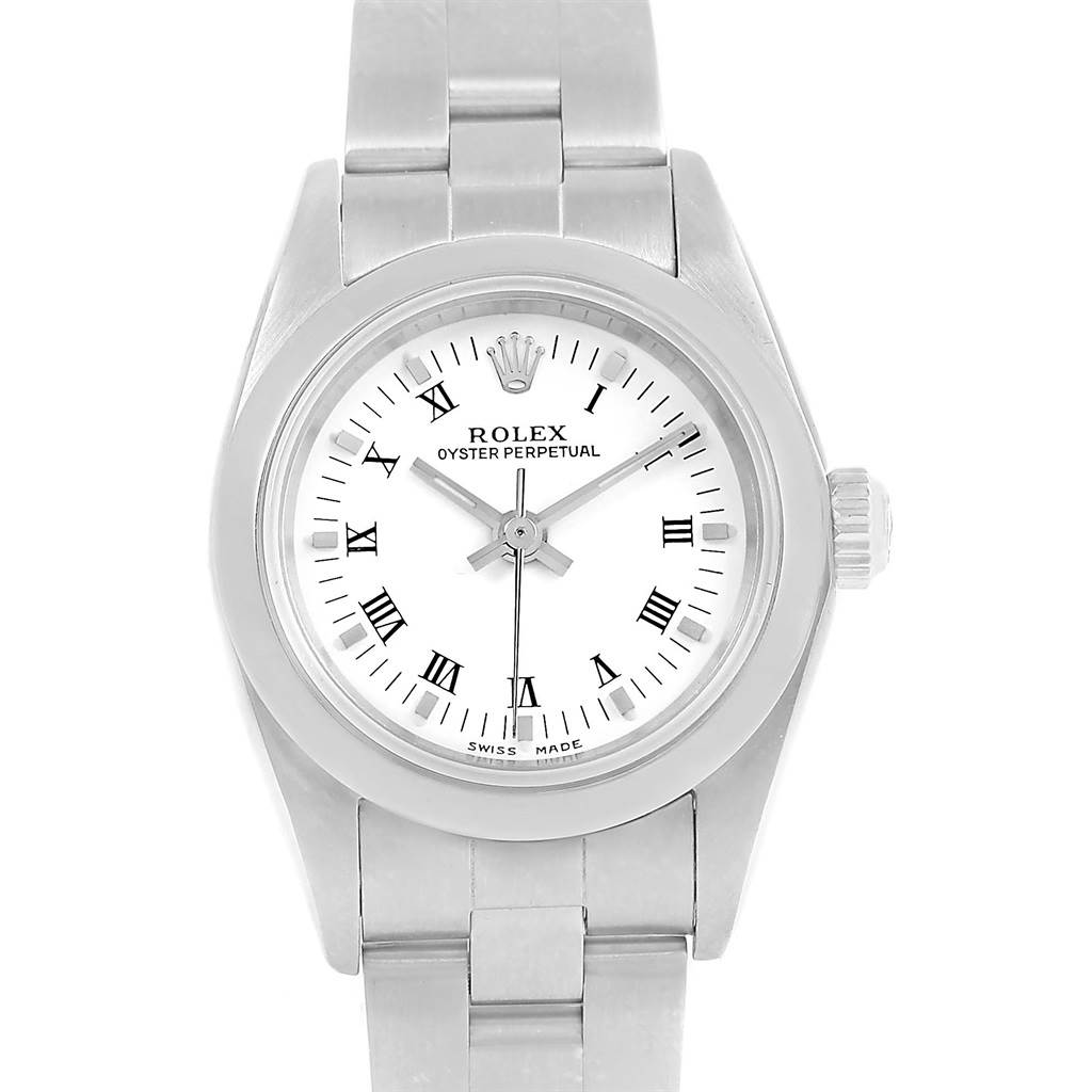 The image shows a front view of a Rolex Oyster Perpetual 76080 Women
s Stainless Steel White Dial 76080 Women
s Stainless Steel White Dial watch, displaying the dial, hands, crown, and part of the bracelet.