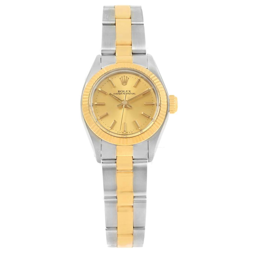 The image shows a front view of a Rolex Oyster Perpetual 6719 Women's Steel and Gold (two tone) Champagne Dial 6719 Women's Steel and Gold (two tone) Champagne Dial watch with a gold dial and a two-tone metal bracelet.