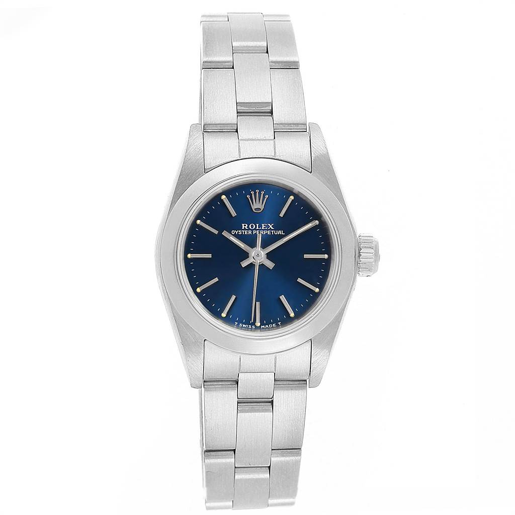 This Rolex Oyster Perpetual 67180 Women
s Stainless Steel Blue Dial 67180 Women
s Stainless Steel Blue Dial watch is shown from a top-down angle displaying the dial, case, bezel, and bracelet.