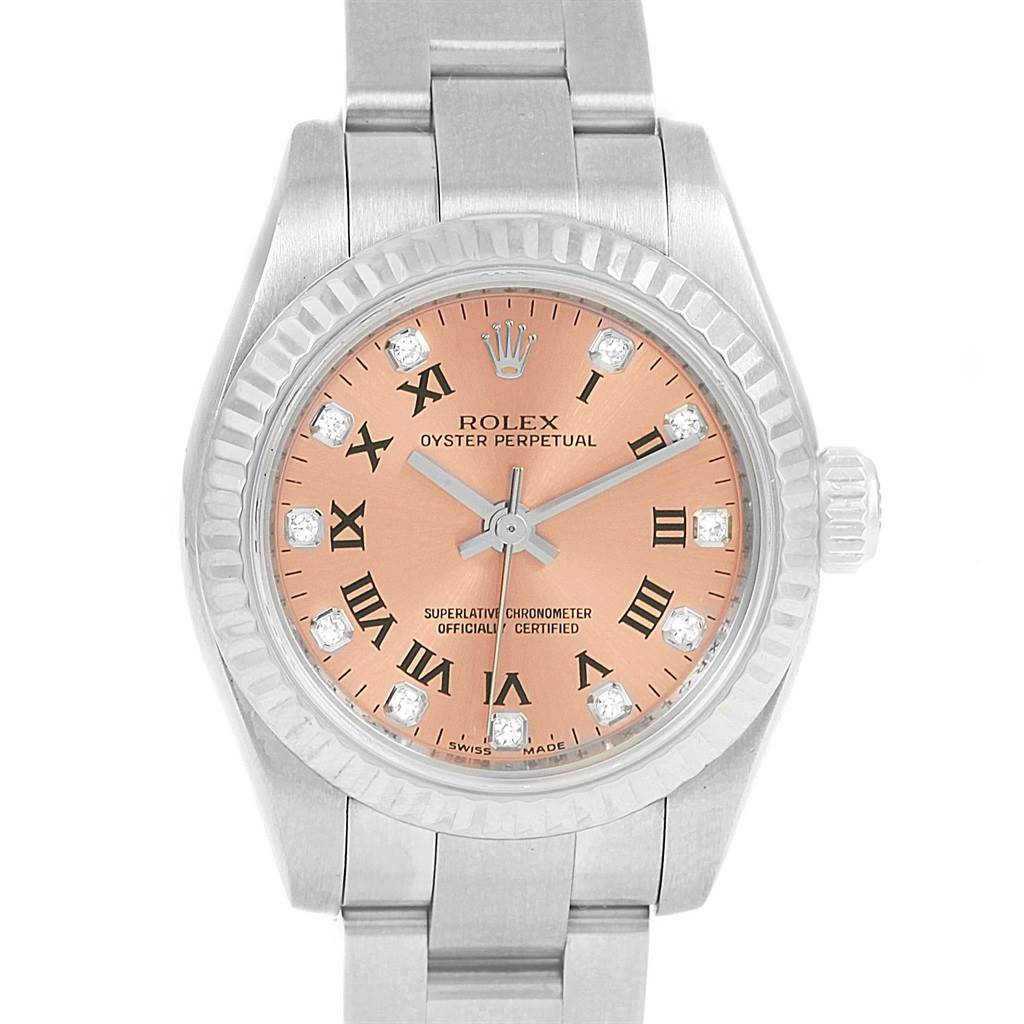 The Rolex Oyster Perpetual 176234 Women
s Stainless Steel Pink Dial 176234 Women
s Stainless Steel Pink Dial watch is shown from a front angle, displaying the dial, bezel, and part of the bracelet.
