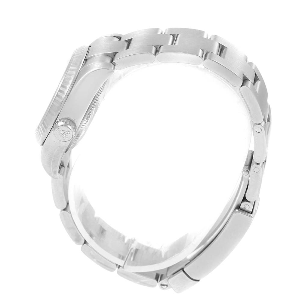 This image shows a side view of a Rolex Oyster Perpetual 176234 Women
s Stainless Steel Pink Dial 176234 Women
s Stainless Steel Pink Dial watch, highlighting its stainless steel bracelet and crown.