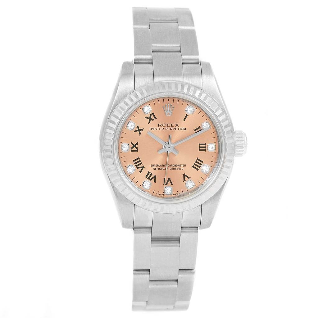 The image shows the front view of a Rolex Oyster Perpetual 176234 Women
s Stainless Steel Pink Dial 176234 Women
s Stainless Steel Pink Dial watch with a pink dial and a stainless steel bracelet.