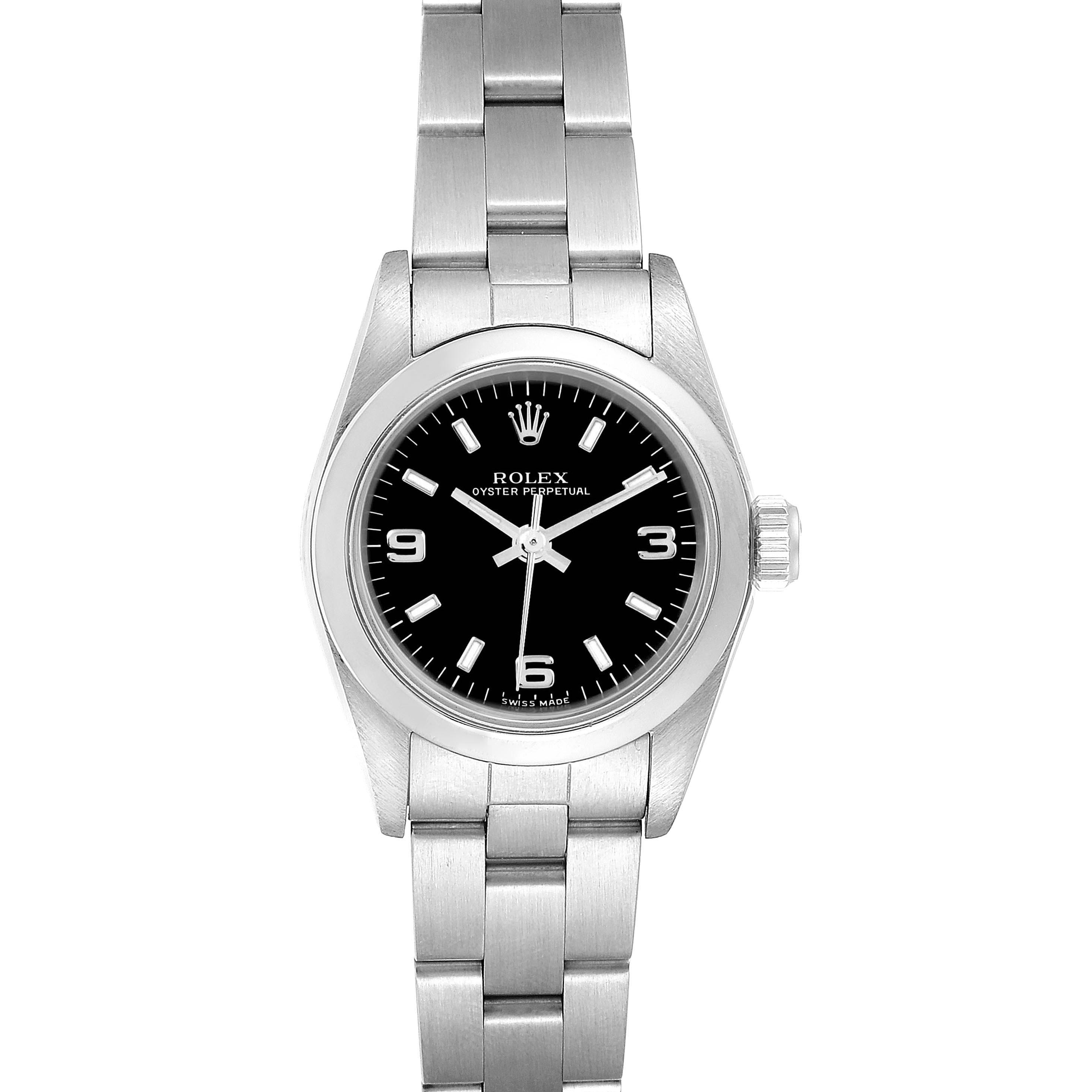 This image shows a front view of the Rolex Oyster Perpetual 76080 Women
s Stainless Steel Black Dial 76080 Women
s Stainless Steel Black Dial watch, displaying its dial, case, bracelet, and crown.
