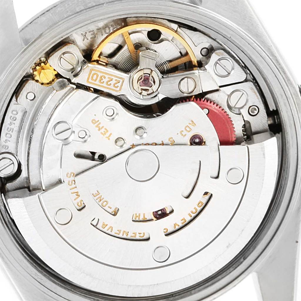 The image shows the inner mechanical movement of the Rolex Oyster Perpetual 76080 Women
s Stainless Steel Black Dial 76080 Women
s Stainless Steel Black Dial watch as seen from the back.