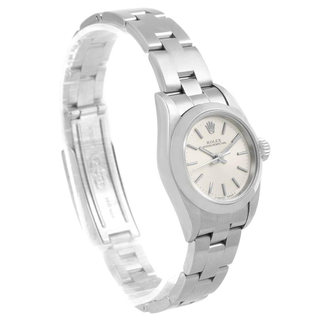 The image shows a side view of a Rolex Oyster Perpetual 67180 Women
s Stainless Steel Silver Dial 67180 Women
s Stainless Steel Silver Dial, showcasing its dial, bracelet, and clasp.