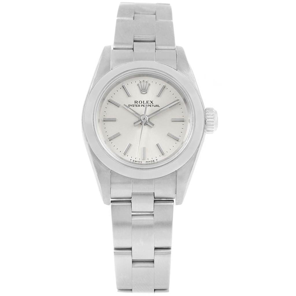 This image shows a front view of a Rolex Oyster Perpetual 67180 Women
s Stainless Steel Silver Dial 67180 Women
s Stainless Steel Silver Dial watch, including the dial, case, and bracelet.