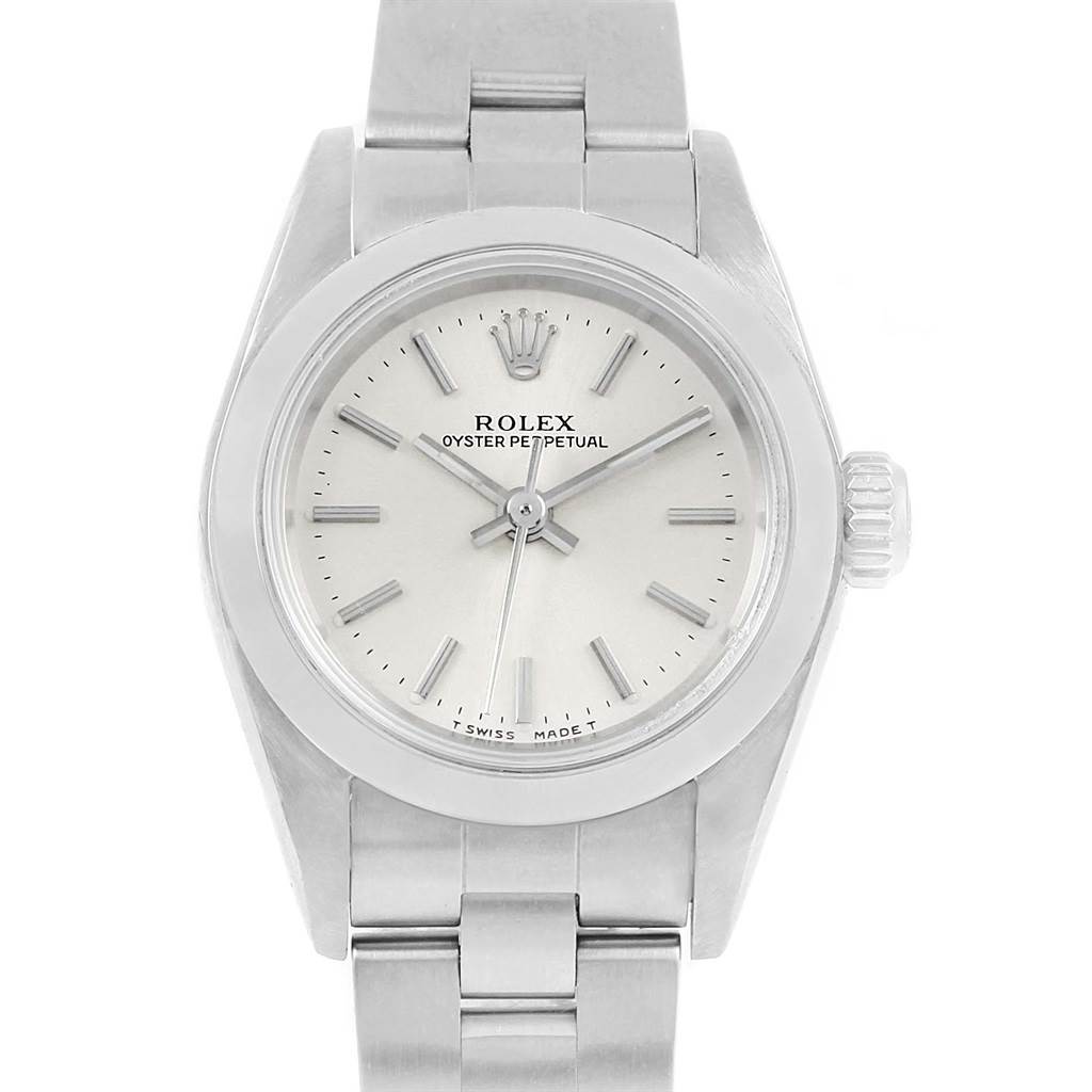 This image shows a front view of a Rolex Oyster Perpetual 67180 Women
s Stainless Steel Silver Dial 67180 Women
s Stainless Steel Silver Dial watch, displaying the dial, crown, and bracelet.