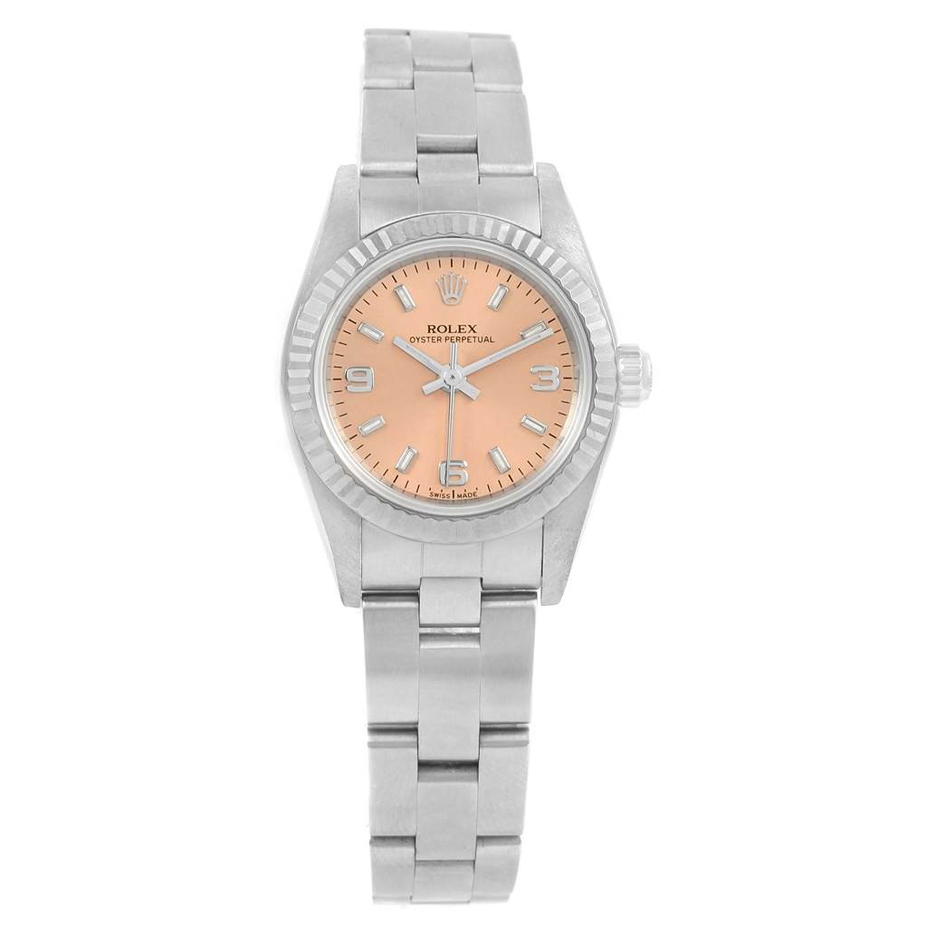 This image shows a front view of the Rolex Oyster Perpetual 76094 Women
s Stainless Steel Pink Dial 76094 Women
s Stainless Steel Pink Dial watch, featuring its face, bezel, and bracelet.