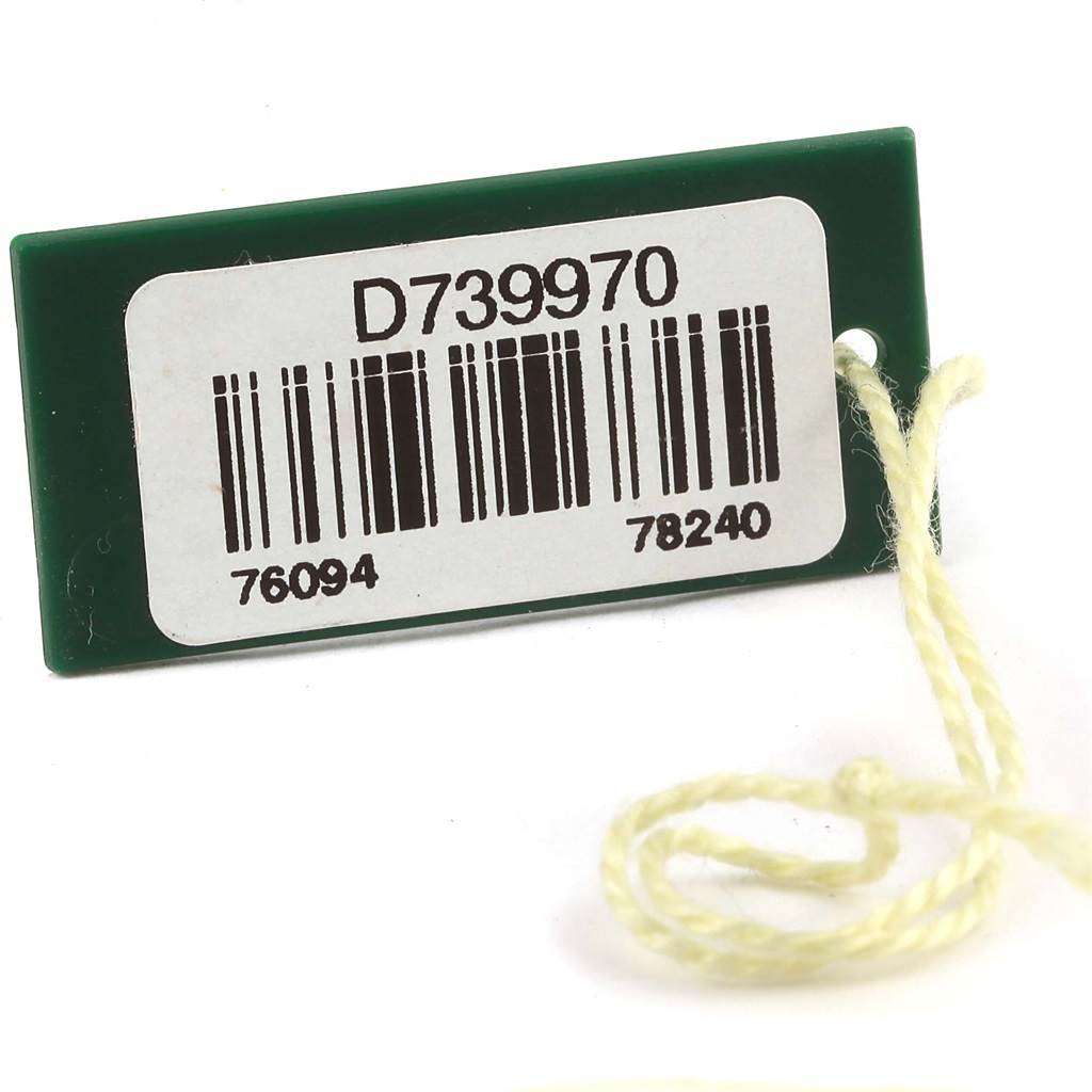This image shows the green tag with a barcode and serial number for a Rolex Oyster Perpetual 76094 Women
s Stainless Steel Pink Dial 76094 Women
s Stainless Steel Pink Dial watch.