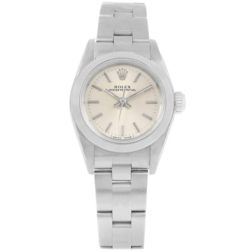 This image shows a front view of a Rolex Oyster Perpetual 67180 Women
s Stainless Steel Silver Dial 67180 Women
s Stainless Steel Silver Dial watch including the dial, case, and bracelet.