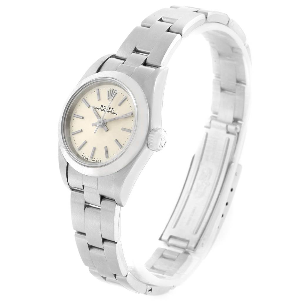 This image shows a side angle view of the Rolex Oyster Perpetual 67180 Women
s Stainless Steel Silver Dial 67180 Women
s Stainless Steel Silver Dial watch, highlighting the bracelet, bezel, and dial.