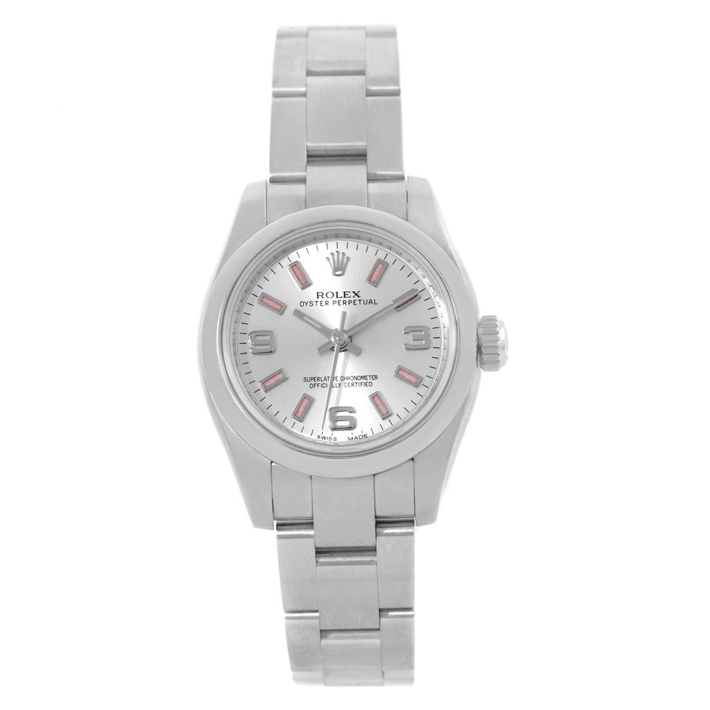 This is a front view of the Rolex Oyster Perpetual 176200 Women
s Stainless Steel Silver Dial 176200 Women
s Stainless Steel Silver Dial watch, displaying the face, hands, bracelet, and crown.