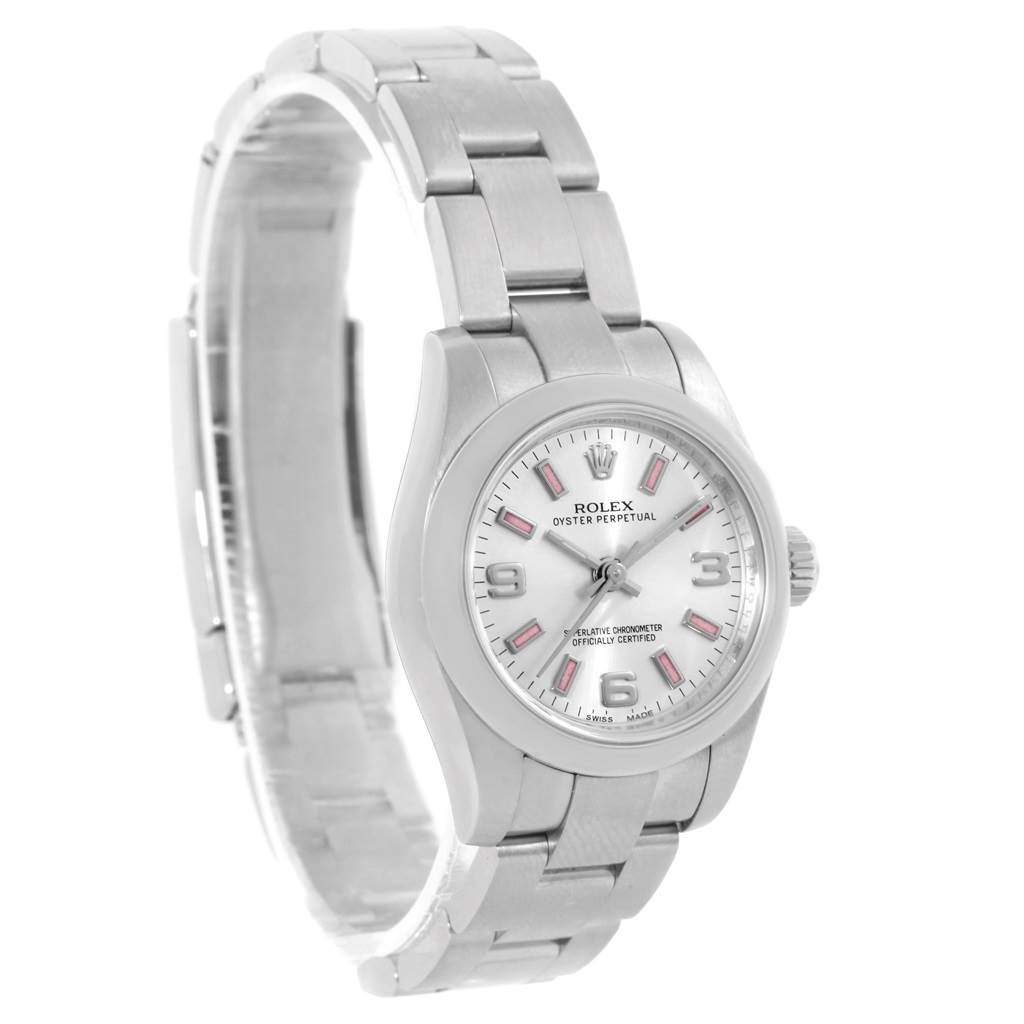 The image shows a frontal and slightly angled view of a Rolex Oyster Perpetual 176200 Women
s Stainless Steel Silver Dial 176200 Women
s Stainless Steel Silver Dial watch, highlighting the face, bezel, and bracelet.